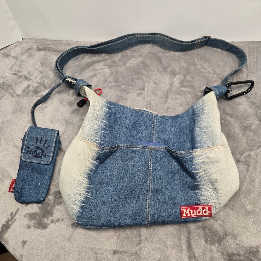 Mudd Vintage Y2K Denim Crossbody Bag Blue Faded Hobo Messenger with Pouch